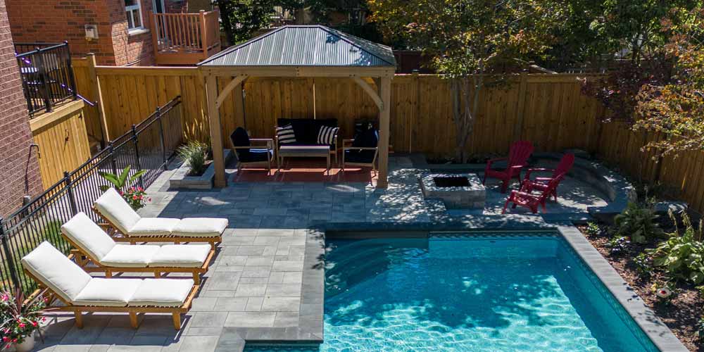 Swimming Pool, Patio, Gazebo, Loungers & Fireplace Backyard